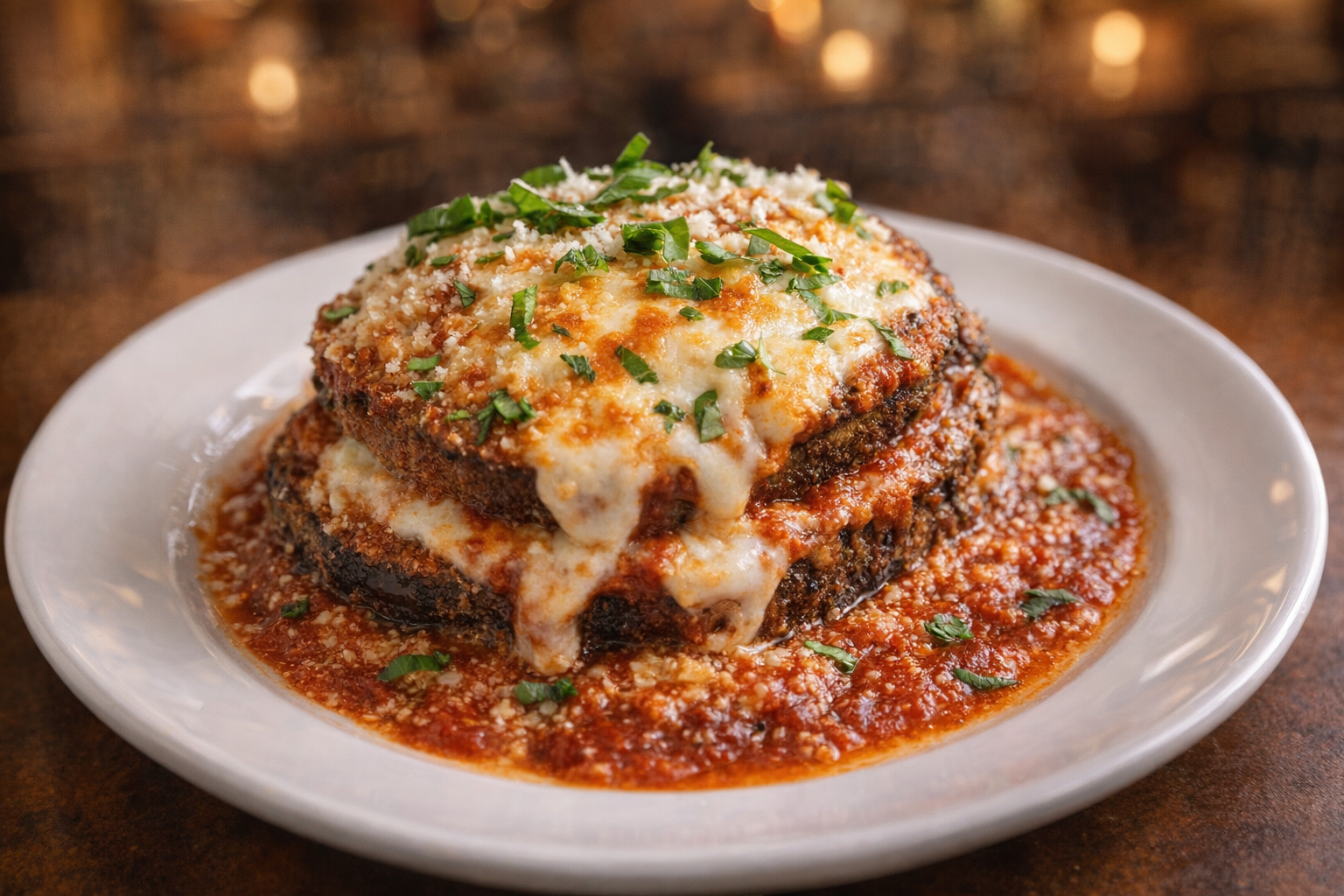 A close-up, high-angle shot of a single serving of Eggplant Parmesan on a white plate, showcasing the crispy eggplant layers, rich marinara sauce, and melted mozzarella and Parmesan cheeses, garnished with fresh basil, warm and inviting restaurant lighting